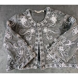 Soft Surroundings Open Jacket Size M Cropped 3D‎ Gray White Floral Decoration